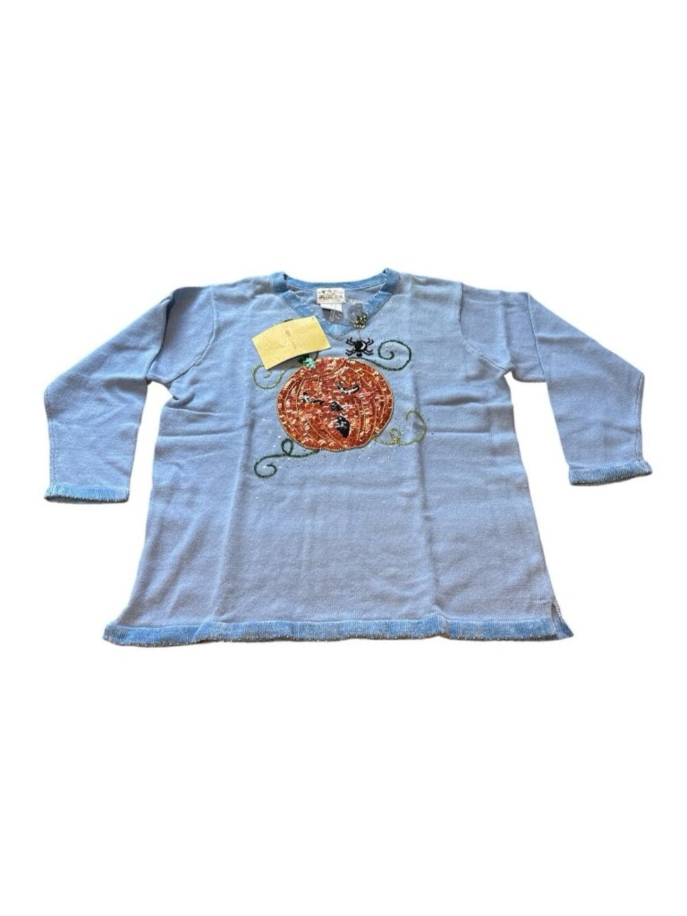 The Quacker Factory QVC Womens 1X Blue Halloween Pumpkin Sequin Beaded Sweater